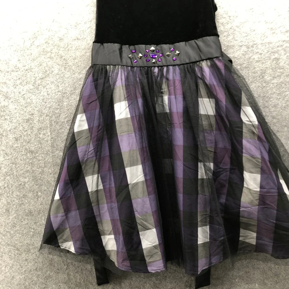 Justice Plaid Tulle Party Dress Girls 12 Black Purple Velvet Holiday Sleeveless